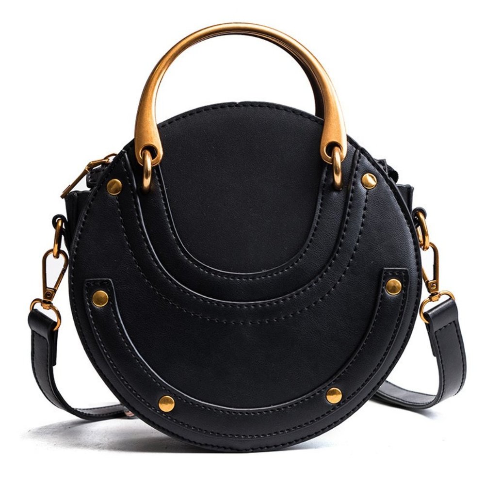 Round Leather Crossbody Bag Small Purse Womens Crossbody Bag - Black - Picture 5 of 12